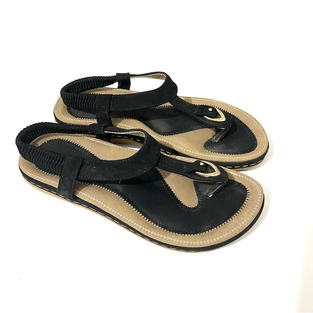 Socofy Black & Gold Thong Slingback Sandals Women’s Comfort Boho Strappy Size 7